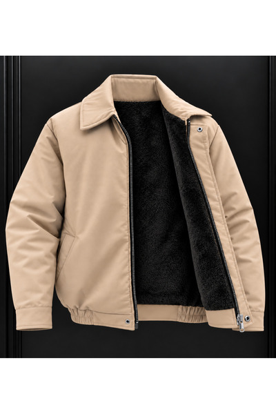 Generic Brand Men's Fur-Lined Leather Coat – Stylish Casual Jacket with Zipper and Pockets, Beige Color Coat