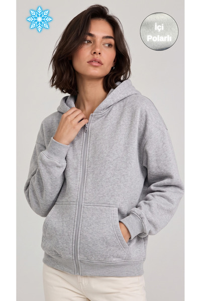 Nordmende Kadın 3 İplik İçi Polarlı Kapüşonlu Kanguru Cepli Fermuarlı Sweatshirt