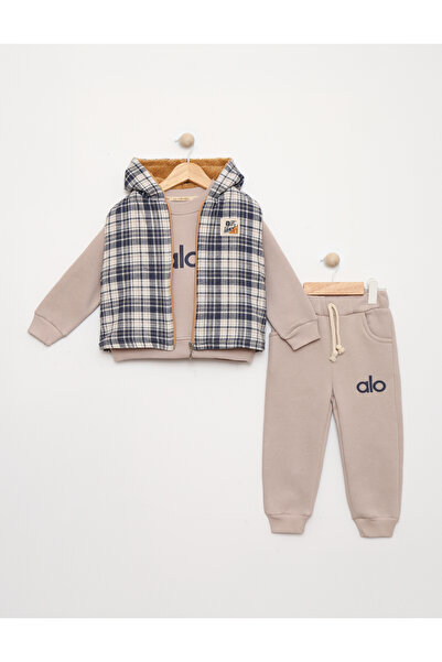 baby flamindo Welsoft Lining Plaid Vest Printed 3 Yarn Boys' Tracksuit Set