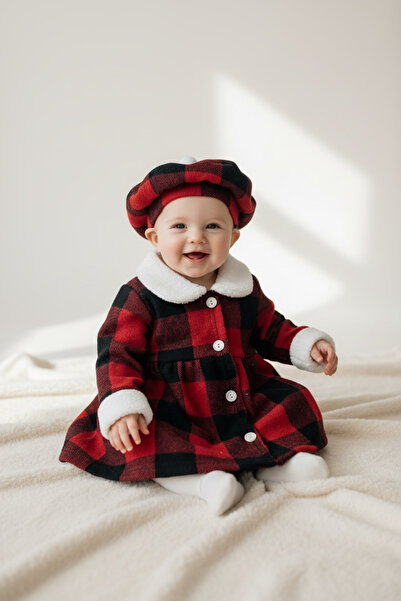 BİANCOFİGLİO Baby Winter Dress with Hat, Plaid Pattern