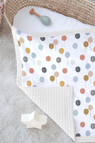 Tuğba Kuğu Double-Sided Baby Blanket, 100% Cotton Waffle Pique |   Pillowcase with Gift - Dreamy Balloons - 100 X 150 cm