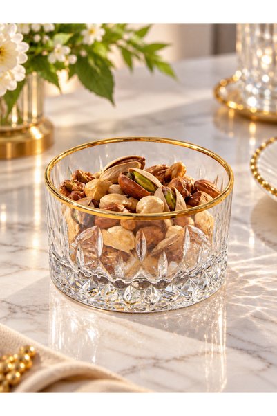Şahika Kristal cama atılan imza 6-Piece Lara Gold Snack, Dessert and Appetizer Multi-Purpose Cutting Crystal Bowl Set