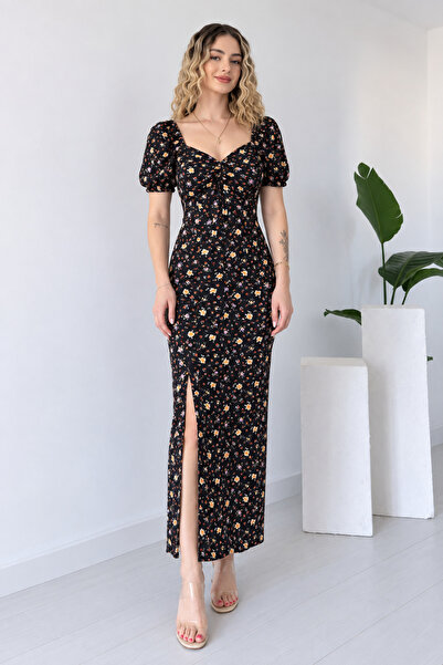 Trendline Women's Wrinkled Fabric Long Dress with Gathered Collar Detail