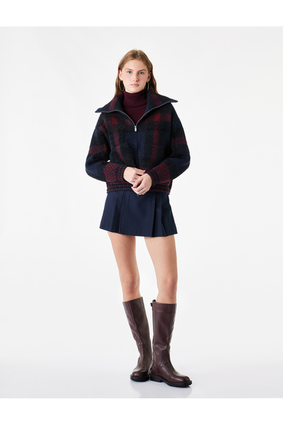 Koton High Collar Long Sleeve Plaid Patterned Zippered Knitwear Cardigan