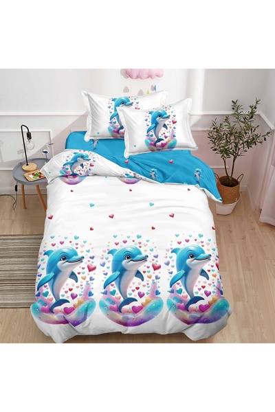 Pucioasa Home Lenjerie de pat 1 persoana Dolphin Love 4 piese, cu cearceaf cu...