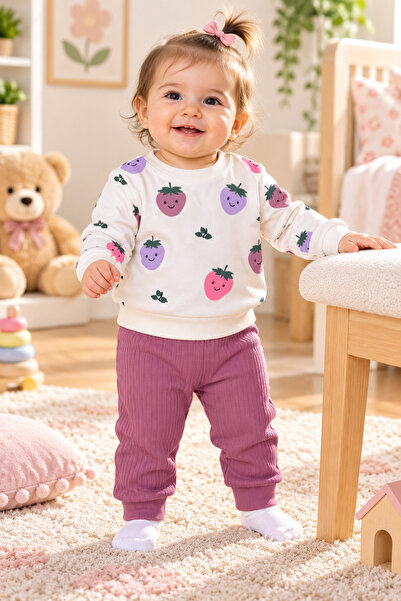 SERPİL Ss Gi̇yi̇m Baby Girl Strawberry Patterned 2-Piece Set – White Sweatshi...