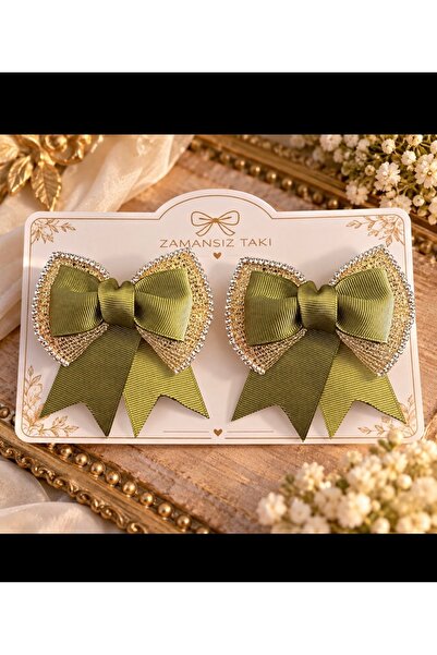 zamansız takı Olive Green Stone Detailed Bow Hair Clip