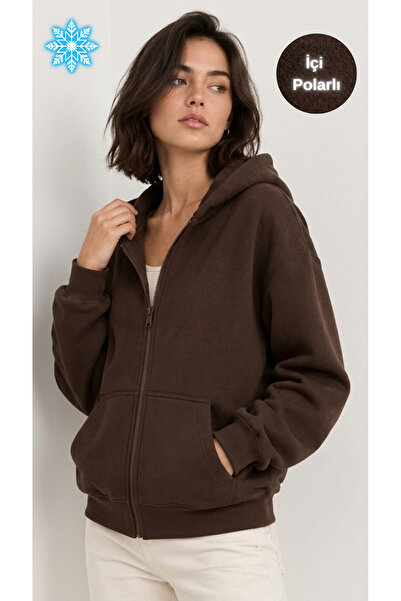 Nordmende Kadın 3 İplik İçi Polarlı Kapüşonlu Kanguru Cepli Fermuarlı Sweatshirt