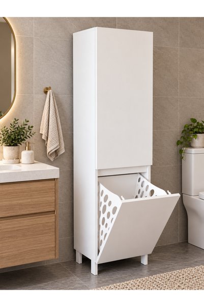dekor fim DF03110 Çok Amaçlı Dolap Çamaşır Sepetli Banyo Dolabı Raflı Kapaklı Banyo, Havlu, Kozmetik Dolabı