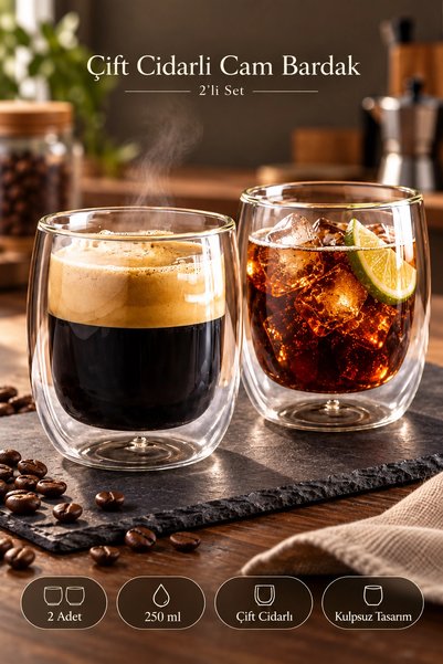 Tilbe Home 2li Çift Cidarlı Cam Bardak 250ml Seti Isıya Dayanıklı Kulpsuz Kahve Çay ve Meşrubat Sunum Bardağı