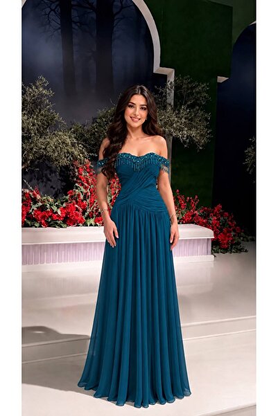 Heidi Petrol Blue (Teal Blue) Off-Shoulder Evening Dress with Crystal Embroid...