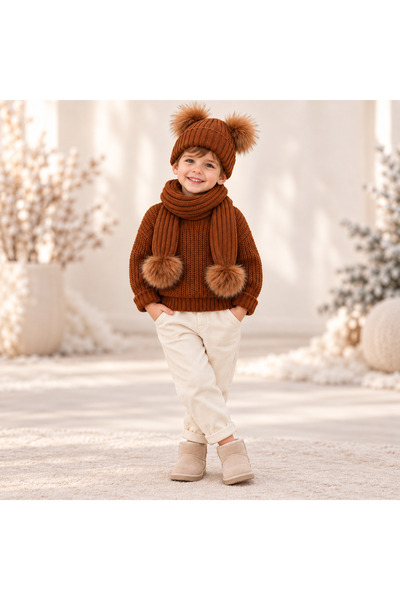ESES BEBE Unisex Kazak Ve Atkı Bere Seti