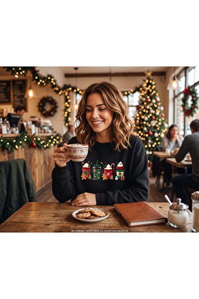 Yılbaşı Temalı Kahve Desenli Unisex Sweatshirt - Sevgili Kombini Kışlık Kazak