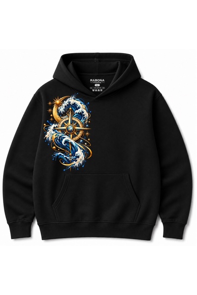 Rabona Fashion Hoodie sa grafičkim motivom okeanskog kompasa i nebeskih talasa