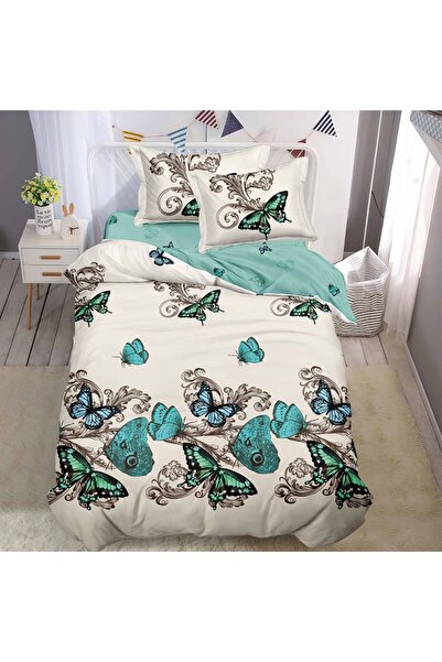 Pucioasa Home Lenjerie de pat 1 persoana Fluturi Turcoaz 4 piese, cu cearceaf...