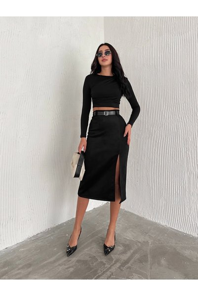 winmoda تنورة من جلد الغزال بفتحة أمامية وحزام - تنورة من جلد الغزال بطول ميدي مع فتحة