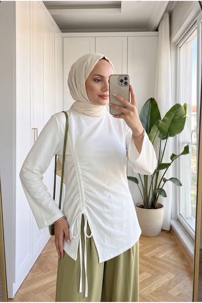 Kirazca Butik Women's Side Adjustable Drawstring and Slit Detailed Combed Cot...