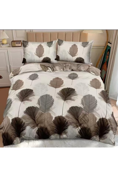 Pucioasa Home Lenjerie de pat crem cu pene decorative maro, 4 piese, policoton