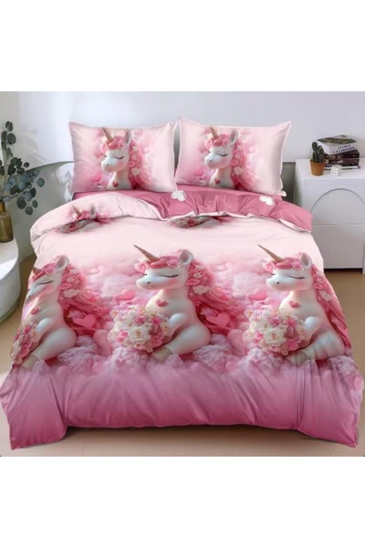 Pucioasa Home Lenjerie de pat roz cu unicorn si flori, 4 piese, policoton