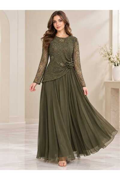 gmax Women's Evening Dress with Gold and Bronze Embroidery and Mesh Sleeves