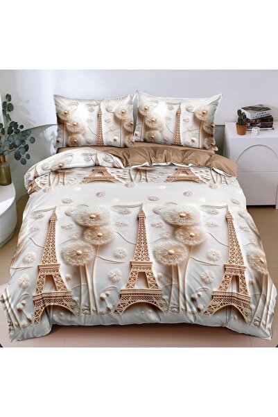 Pucioasa Home Lenjerie de pat cu Turnul Eiffel si flori delicate, 4 piese, po...