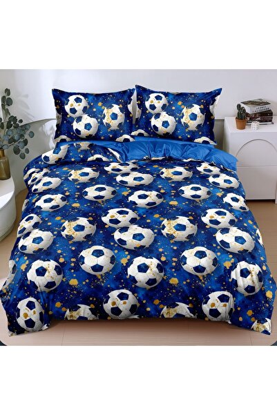 Pucioasa Home Lenjerie de pat albastra cu imprimeu mingi de fotbal, 4 piese, ...