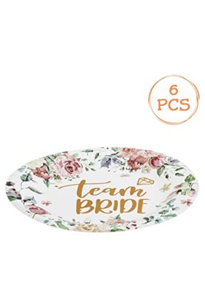 OEM Farfurii din Carton Alb cu Flori din Folie Roz Aurie Team Bride Ø18cm - 6buc