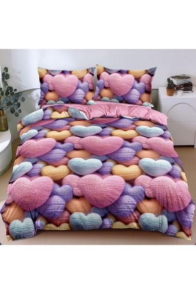 Pucioasa Home Lenjerie de pat cu inimioare pastel tricotate, 4 piese, policoton