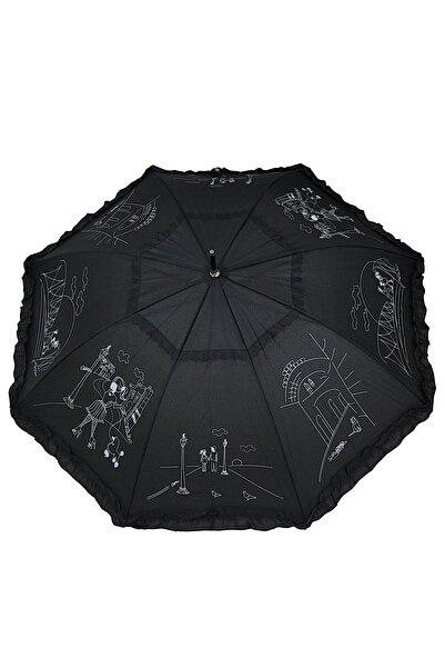 Parasol Umbrelă automată neagră pentru femei, cu bordură cu volane și mâner t...