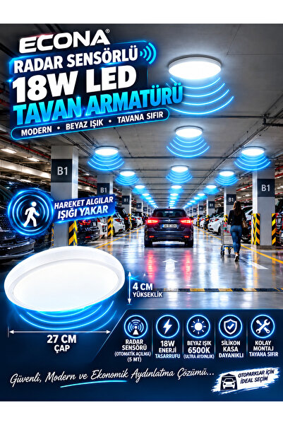 Kartek 5 ADET Radar Sensörlü MODERN Sıva Üstü Tavan Armatürü 18W LEDLİ - Yüks...