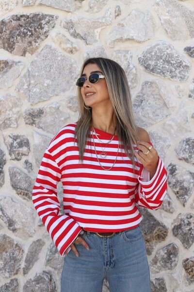 bytugcekaya Red-White Thick Striped Off-Shoulder Blouse