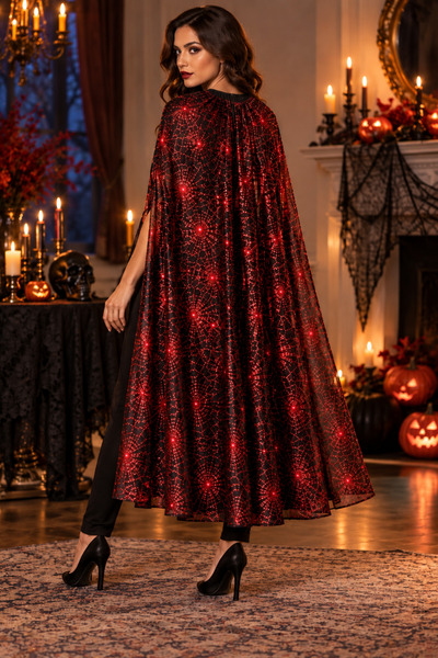 DODOMAR Halloween Cloak Red Spider Web Patterned 130 cm Halloween Adult Child...