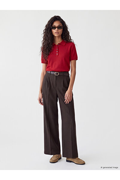 LC Waikiki Nevavm with Difference Xside Brown Belted Women's Pleated Fabric T...