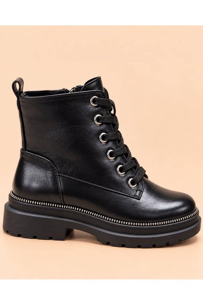 KS KADİR SARAÇ Thick Sole, Patent Leather, Lace-Up, Side Zipper, Comfortable Women's Boots