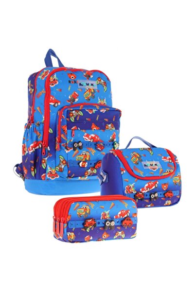 KAUKKO Kids Üçlü Ilkokul 1.2.3.4. Sınıf Okul Çanta Seti - Mavi Kırmızı - Erke...