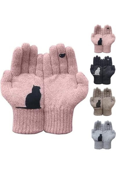KASTWAVE 4PCS Unisex Cat Print Cotton Gloves ? Winter Thermal Knitted Full-Fi...