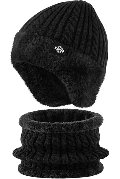 GENERAL 2-in-1 Winter Thermal Beanie Hat Set with Earflap and Neck Warmer Sca...