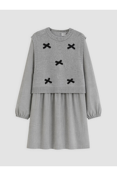 LC Waikiki Alita City Lcw Kids Gray Girls' Dress and Sweater Set with a Diffe...