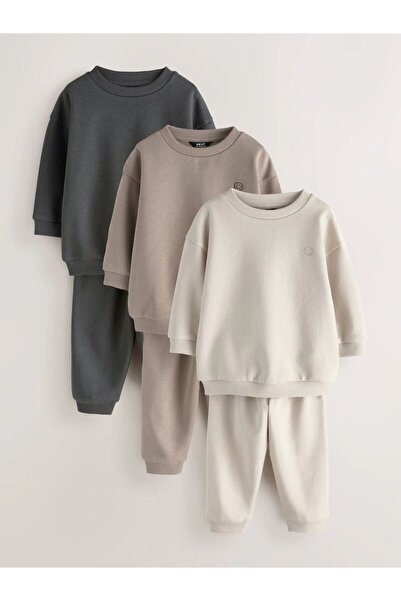 Next Baby Pamuklu Krem Kahve Uzun Kollu Sweat Jogger 3'lü Alt Üst Takım
