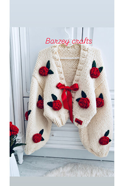 Barzey crafts Hand Knitted Red Rose Detailed Cream Women's Adult New Season C...