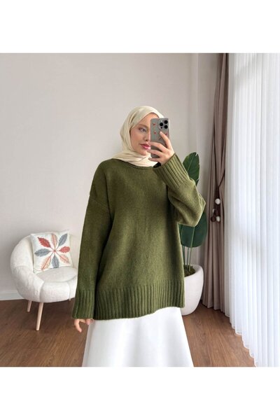 RFK Butik Kadın Oversize Bisiklet Yaka Tesettür Kazak - Yeşil