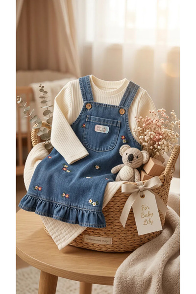 my koala Çiçek Nakışlı Denim Salopet Elbise Takımı