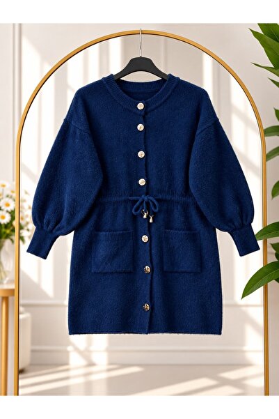modasindoma Women's Hijab Waist Gathered Buttoned Knitwear Cardigan Navy Blue
