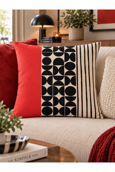 RahanDesign Modern Geometric Patterned 2-Piece Throw Pillow Cover Set – Red Black Ecru Decorative Double-Sided Throw Pillow 43X43 and 30X50 cm