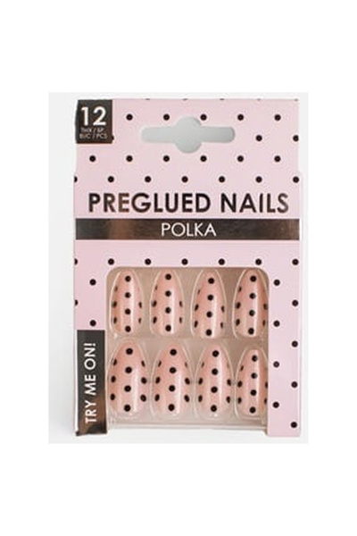 OEM Pink False Nails with Polka Dots & Glue - 12pcs