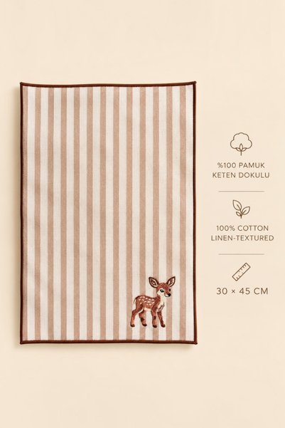LİONYA DESİGN Baby Deer Embroidered Decorative Hand Towel – 100% Cotton, Striped Linen Texture (30×45) - 1 Piece