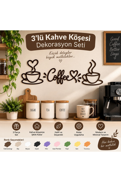 3’lü Kahve Köşesi Duvar Dekoru Seti – Coffee Yazısı ve Kahve Fincanı Tasarımlı 3D Baskı – 25 cm