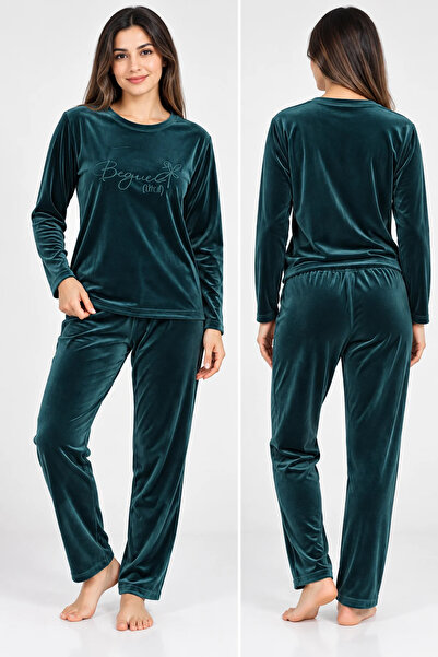 AYSUN TEKSTİL Women's Velvet Long Sleeve Plus Size Pajama Set Crew Neck