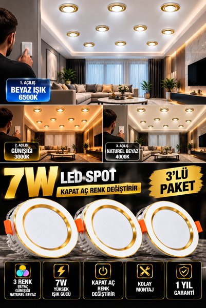 LED PAZARI 3 ADET 7 W 3 RENK LED SPOT BEYAZ GÜNIŞIĞI NATUREL BEYAZ BEYAZ GOLD...
