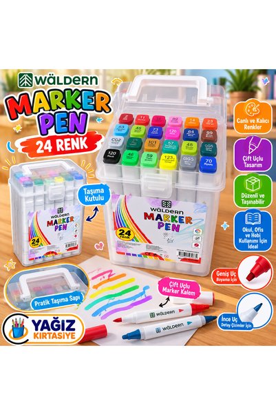 Waldern Marker Pen 24 Renk Çift Uçlu Marker Kalem Seti – Taşıma Kutulu